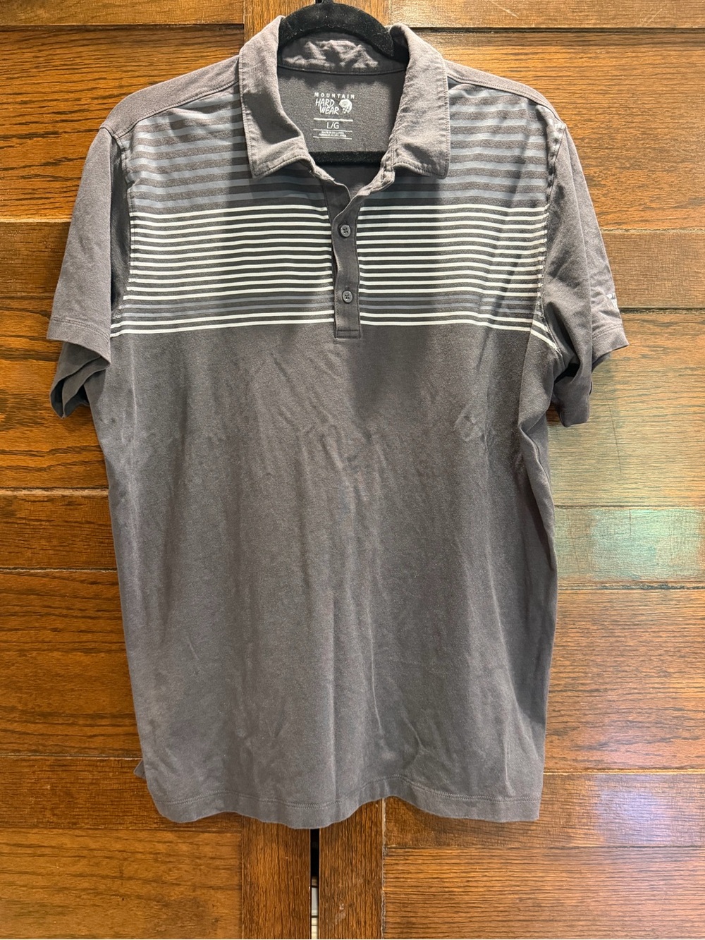 Mountain Hardwear large Men's Gray Polo white grey Stripes soft collared shirt